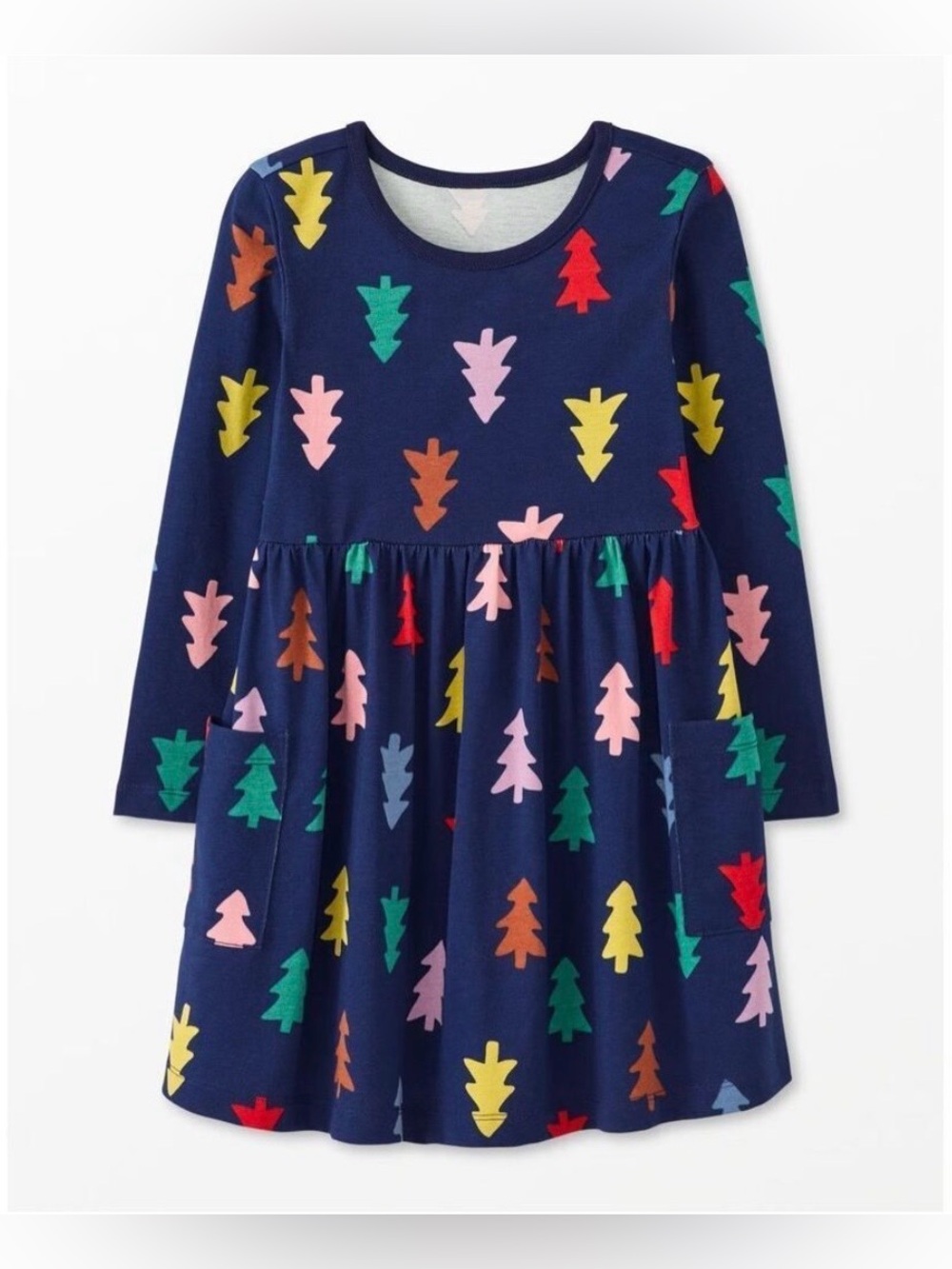 Hanna Andersson Navy Dress with Multicolor Tree Motif 🎄🆕